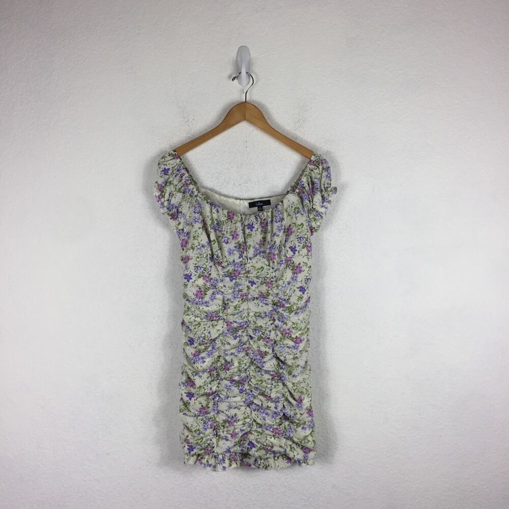Lulus Love Bloom Cream Floral Print Ruched Off-the-Shoulder Mini Dress Large - Picture 3 of 15